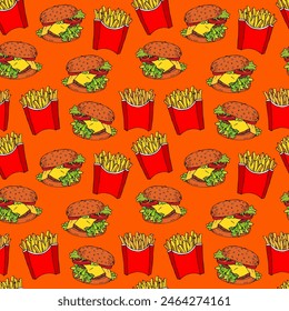 Seamless background with fast food, drawings of french fries and cheeseburgers. Delicious popular food from fast food restaurants, vector image. Endless background. Stylized images of food