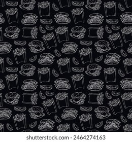 Seamless background with fast food, drawings of French fries, tomatoes and burgers. Delicious popular food from fast food restaurants, vector image. Endless background. Stylized images of food