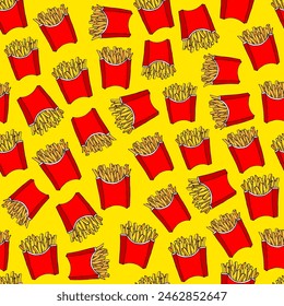 Seamless background with fast food, patterns with packages of French fries. Delicious popular food from fast food restaurants, vector image. Endless background. Stylized images of food. Ready potatoes