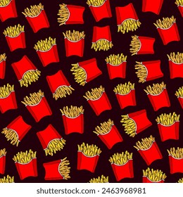 Seamless background with fast food, patterns with packages of French fries. Delicious popular food from fast food restaurants, vector image. Endless background. Stylized images of food. Ready potatoes