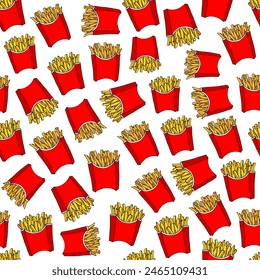 Seamless background with fast food, patterns with packages of French fries. Delicious popular food from fast food restaurants, vector image. Endless background. Stylized images of food. Ready potatoes