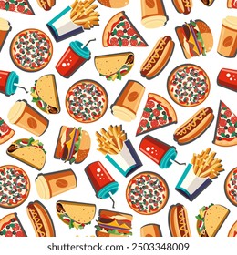 seamless background of fast food products. the texture of a painted pizza, burgers, tacos, French fries, hot dog, cup of coffee, soda in a bright cartoon style