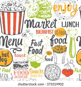 Seamless background with fast food symbols. Menu pattern. Vector Illustration with funny lettering and labels on white. Decorative elements for your packing design. Multicolor decor.