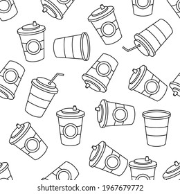 Seamless background. Fast Food, takeaway coffee. Disposable cups for coffee and other beverages. Vector template of packaging and design for cafes.