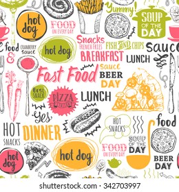 Seamless background with fastfood symbols. Menu pattern. Vector Illustration with funny food lettering and labels on white. Decorative elements for your packing design. Multicolor decor.