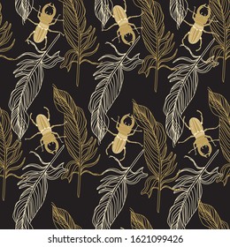 seamless background with feather and beatle, vector design