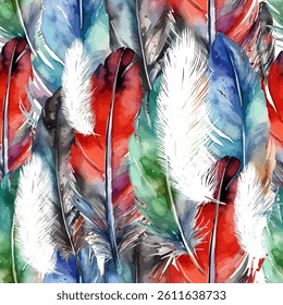 seamless background feathers colored. hand drawing. Not AI, Vector illustration.