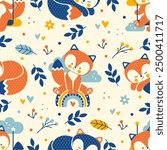 Seamless background featured cute foxes. Cheerful playground with funny baby animals. Colorful flat style seamless vector print