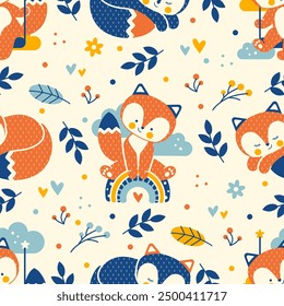 Seamless background featured cute foxes. Cheerful playground with funny baby animals. Colorful flat style seamless vector print