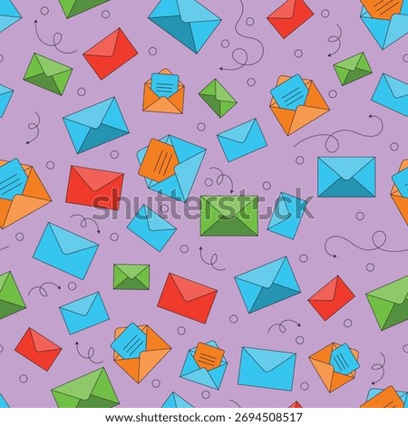 Seamless background featuring colorful envelopes and letters in playful style perfect for mail themes communication designs and creative stationery patterns