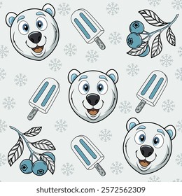 Seamless background featuring cute polar bears, popsicles and blueberries. Vector illustration. Polar bear with snowflakes on blue background. Print for children's textile.