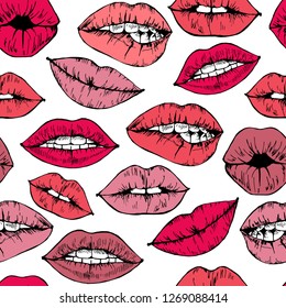 Seamless background featuring lips painted with red and pink lipstick.