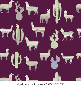 Seamless background featuring silhouettes of alpaca llamas and various cacti. Purple background with striped animals. The concept of preserving wildlife.