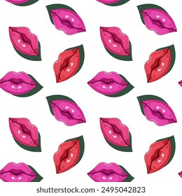 Seamless background of female red lips. Makeup background in flat design for designer textiles