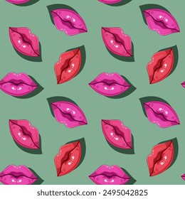 Seamless background of female red lips. Makeup background in flat design for designer textiles
