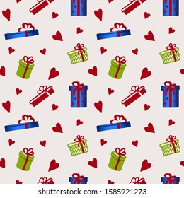 Seamless background from a festive box and hearts. Vector stock illustration. doodle, art line.Fashionable design concept for textile printing, packaging and Valentine's Day backgrounds.