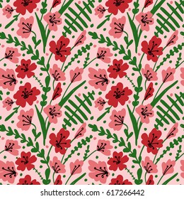 Seamless background with field flowers and herbs. Pattern with hand drawn poppy, grass and leaves. Vector floral texture.