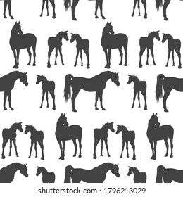 seamless background of figures of Arabian horses, mares with foal and stallion on white background