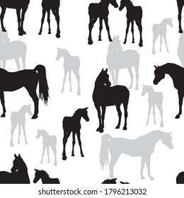 seamless background of figures of Arabian horses, mares with foal and stallion on white background