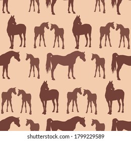 seamless background of figures of Arabian horses, mares with foal and stallion on color background