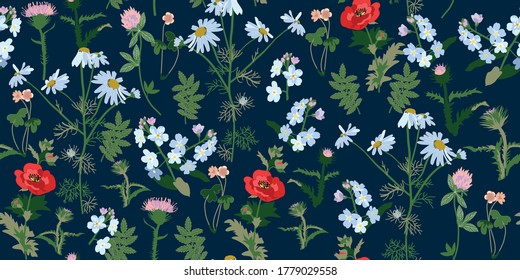 seamless background with filds flowers, vector design for paper, fabric.