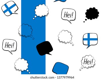Seamless background with Finland flag and speech bubbles with greetings in Finnish. Vector illustration