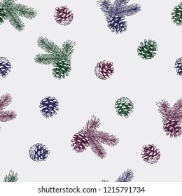 seamless background with fir branches and cones. Vector, color illustration. Hand-drawn.