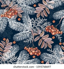 Seamless background with Fir branches, thuja, Rowan berries. Decorative greeting card Happy New year and Christmas . Advertising for trade and sale