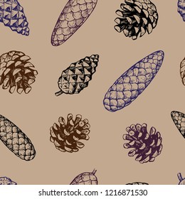 Seamless background with fir and pine cones. Hand drawing in the style of engraving. Vector illustration.