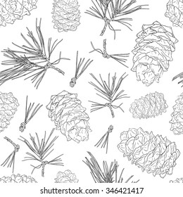 Seamless background from fir tree branches and fir cones. Vector illustration for your design