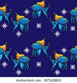 Seamless background of fish, azure background, cartoon style, outline, aquarium, underwater life, sea, ocean, zoo, coloring, childhood, children, shop, magazine, nature, gift paper, wallpaper, blue