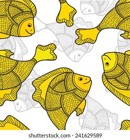 Seamless background with fish. Beautiful fish decorated with abstract ornament.
