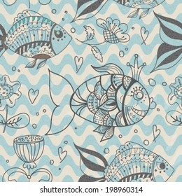 Seamless background with fish, doodle natural pattern, VECTOR