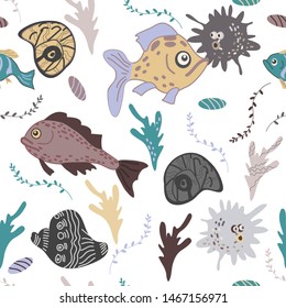 seamless background with fish and shell