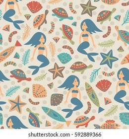 Seamless background with fish, shellfish, turtles and mermaids. Vector illustration.