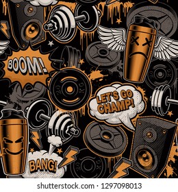 Seamless background for fitness theme in graffiti style, with barbells, dumbbells and cartoony characters.