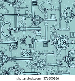 seamless background of five various vintage keys.