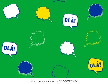 Seamless background with Flag of Brazil speech bubbles with greeting in Portuguese. Vector illustration