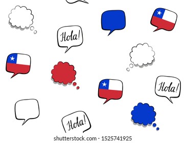 Seamless background with flag of Chile and speech bubbles with greeting in Spanish. Vector illustration