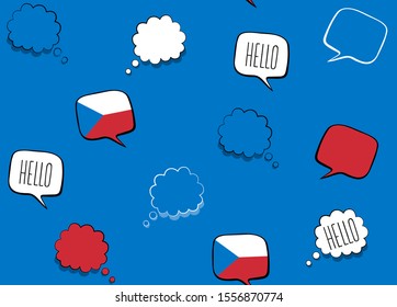 Seamless background with flag of The Czech Republic and speech bubbles with greeting in English. Vector illustration