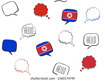 Seamless background with flag of the DPRK and speech bubbles with greeting in English. Vector illustration