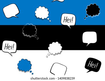 Seamless background with flag of Estonia and speech bubbles with greeting in Estonian. Vector illustration