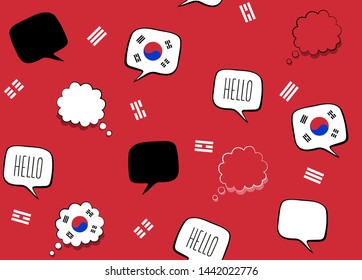 Seamless background with flag of Korea and speech bubbles with greeting in English. Vector illustration