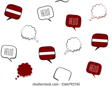 Seamless background with flag of Latvia and speech bubbles with greeting in English. Vector illustration