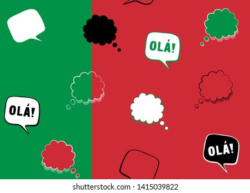 Seamless background with Flag of Portugal and speech bubbles with greeting in Portuguese. Vector illustration