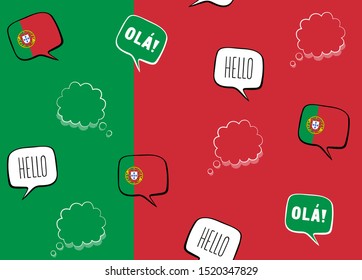 Seamless background with flag of Portugal and speech bubbles with greeting in Portuguese. 