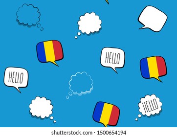 Seamless background with Flag of Romania and speech bubbles with greeting in English. Vector illustration
