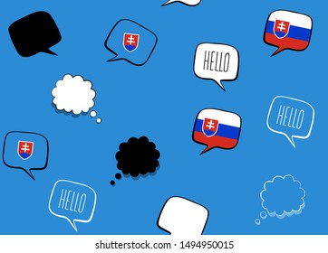 Seamless background with flag of Slovakia and speech bubbles with greeting in English. Vector illustration