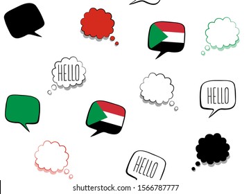 Seamless background with flag of Sudan and speech bubbles with greeting in English. Vector illustration