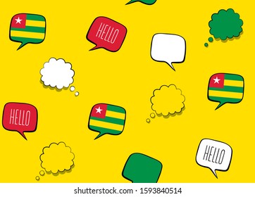 Seamless background with flag of the Togolese Republic and speech bubbles with greeting in English. Vector illustration